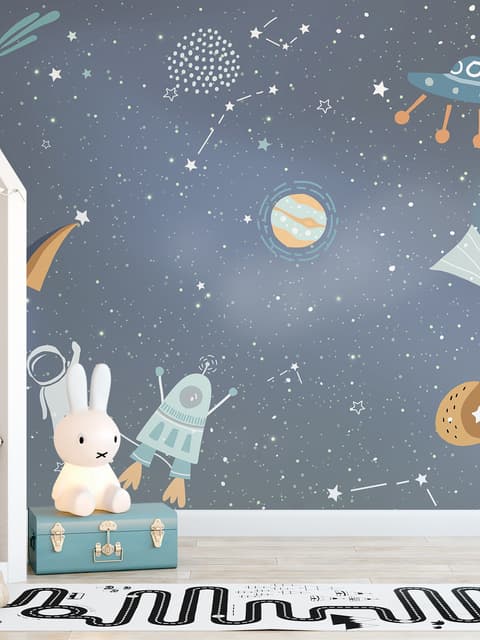 Kids Cartoon Space with Colorful Planets and Little Stars Wallpaper Mural