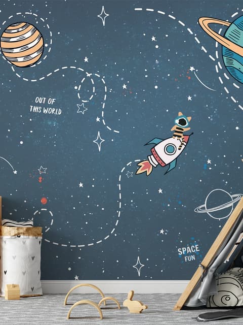 Kids Shining Cartoon Space with White Stripe Wallpaper Mural
