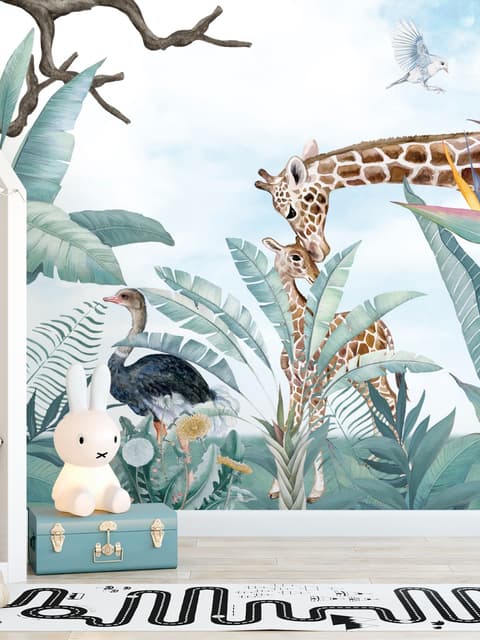 Kids Safari Animals with Fresh Tropical Leaves Wallpaper Mural