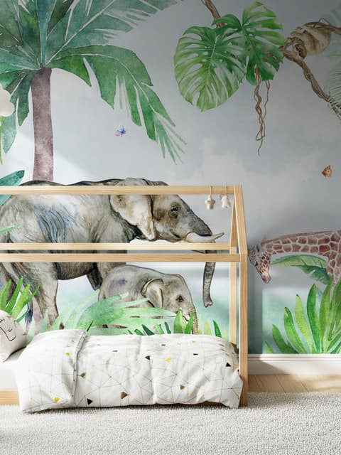 Kids Tropical Forest with Cute Safari Animals Wallpaper Mural
