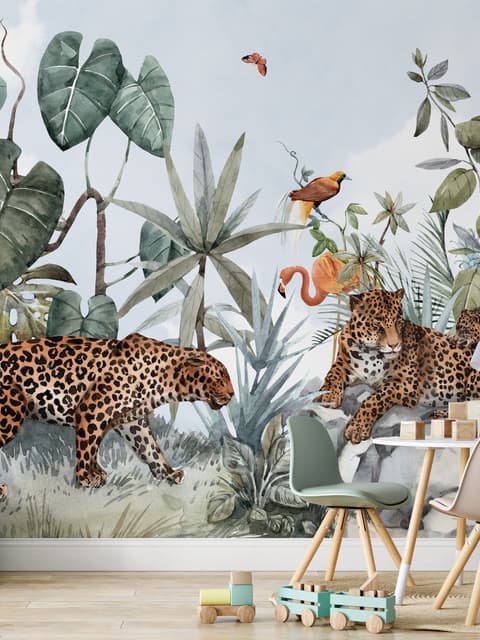 Kids Watercolor Forest with Leopard Wild Animals Wallpaper Mural