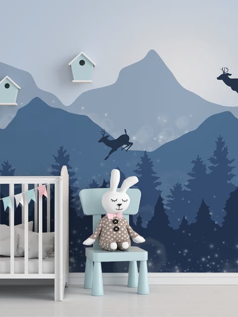 Papier peint forêt enneigée cerf silhouette bleu foncé enfants