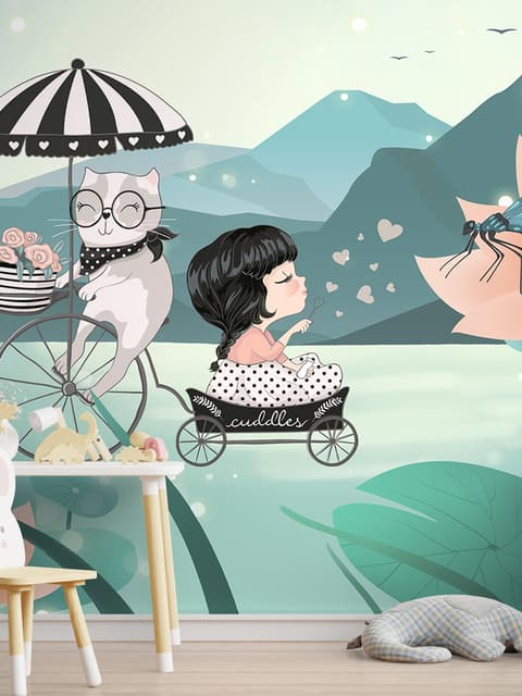Papier peint panoramique dessin animé petite fille avec chat et lotus rose pour chambre de filles