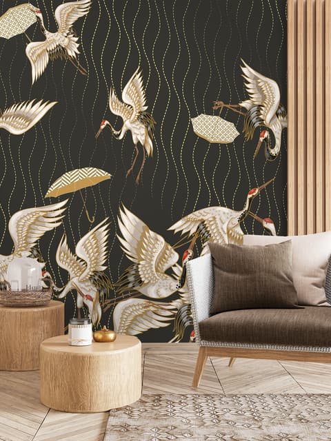 Gold Style Vintage Asian Crane Birds Wallpaper Mural