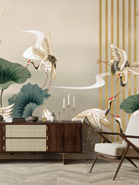 Chinese Crane Birds with Lotus Florals Wallpaper Mural