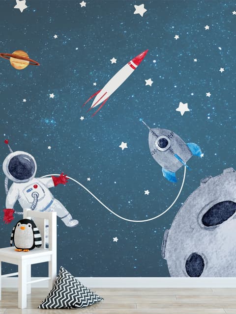 Watercolor Space with Astronaut and Meteor Wallpaper Mural