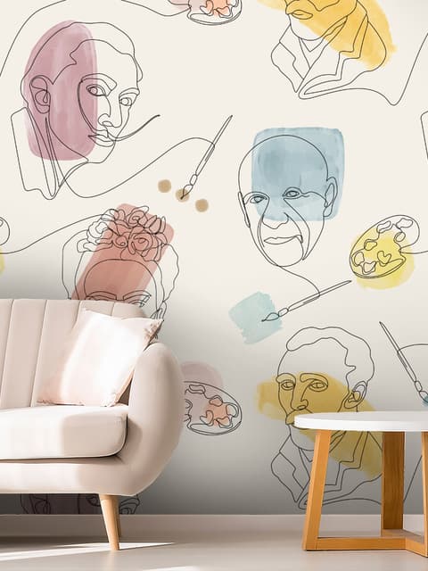 Künstler Gesichtslinienkunst mit farbigen abstrakten Pinselstrichen Fototapete