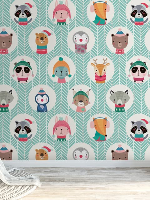 Papier peint panoramique motif d'animaux d'hiver mignon pour enfants avec lignes