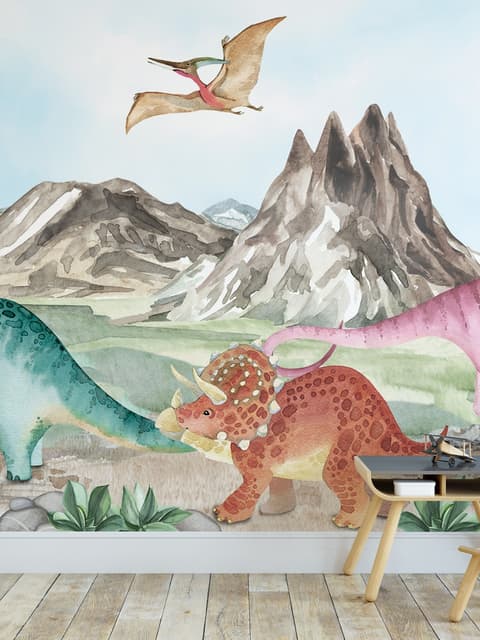 Papier peint panoramique mignon et coloré du monde des dinosaures