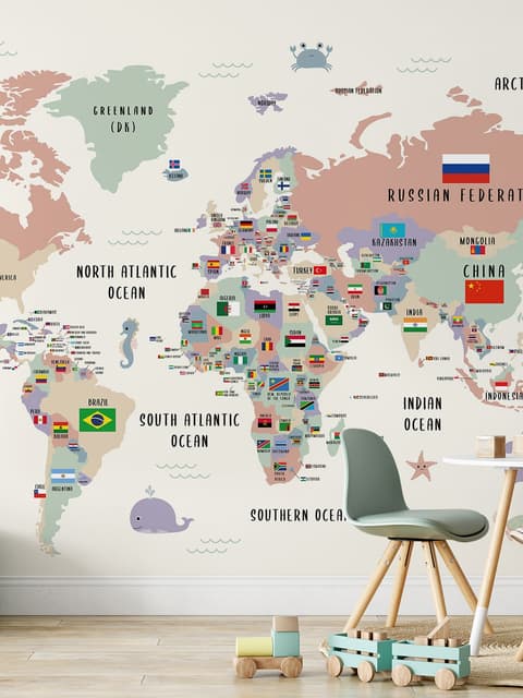Kids Colorful World Map with Flags Map Wallpaper Mural