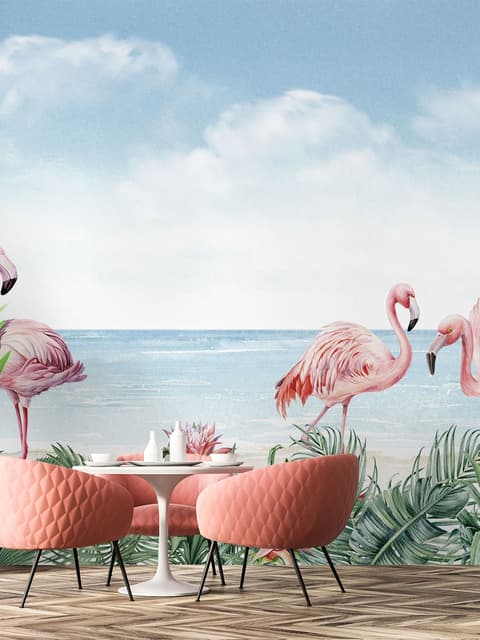 Tropische Landschaft mit Flamingos Fototapete