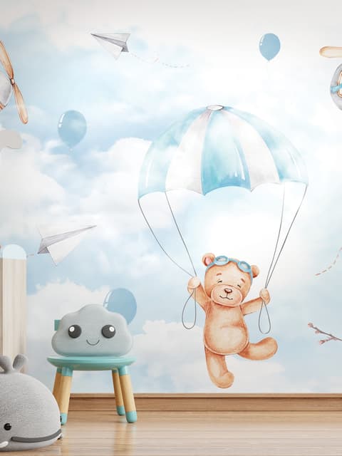 Cute Bear Flying with Paper Planes Wallpaper Mural
