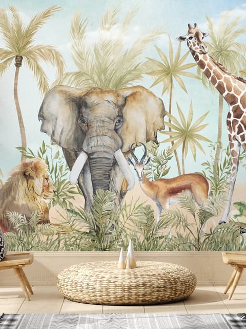 Watercolor Safari Animals in Forest Wallpaper Mural
