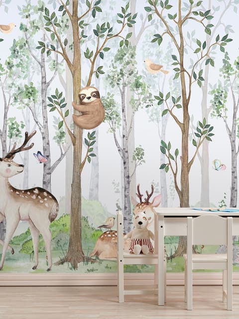 Nursery Cute Animals in the Forest Watercolor Kids Wallpaper Murals