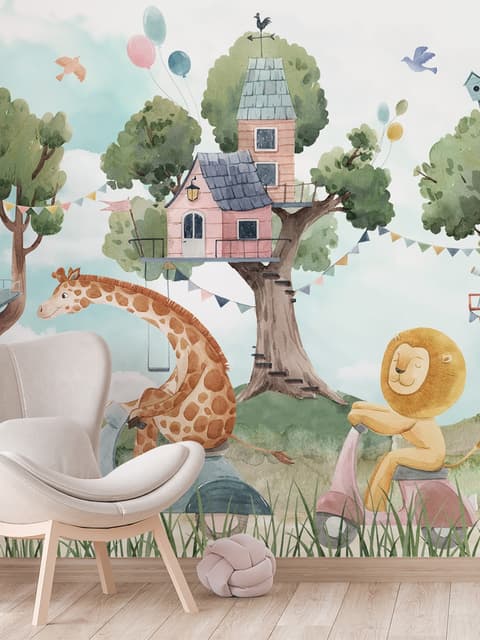 Kids Forest Animals with Treehouse Wallpaper Mural