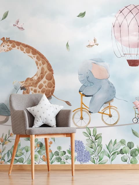 Kids Cycling Riding Cute Animals Wallpaper Mural