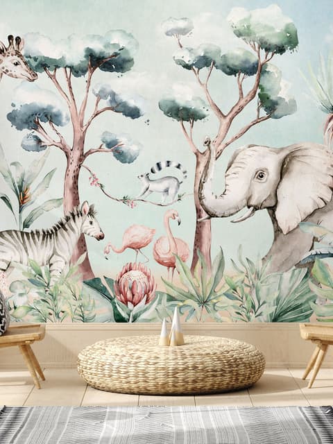 Kids Nursery Safari Animals and Flamingo in the Forest Wallpaper Mural