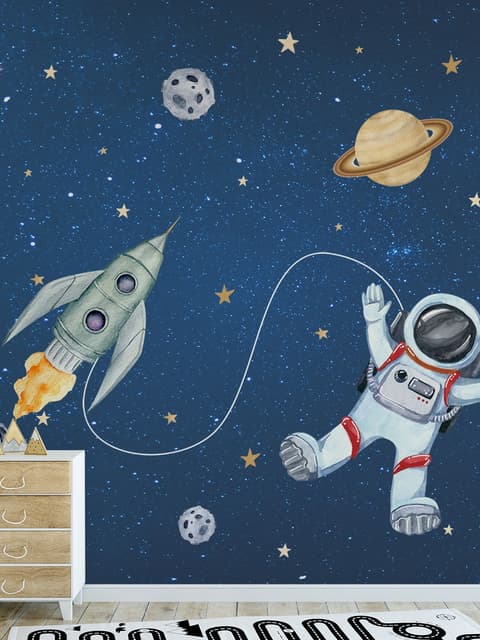Kids Watercolor Space with Spaceship and Astronaut Wallpaper Mural