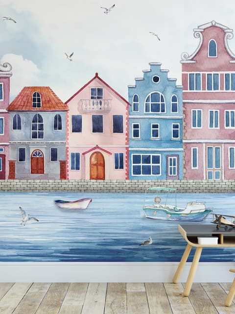 Papier peint panoramique des maisons hollandaises à l'aquarelle pour les enfants