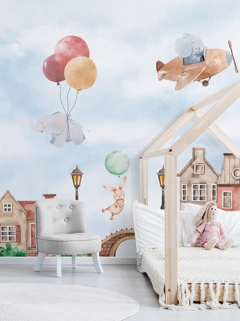 Papier peint maisons mignonnes aquarelle animaux volants enfants