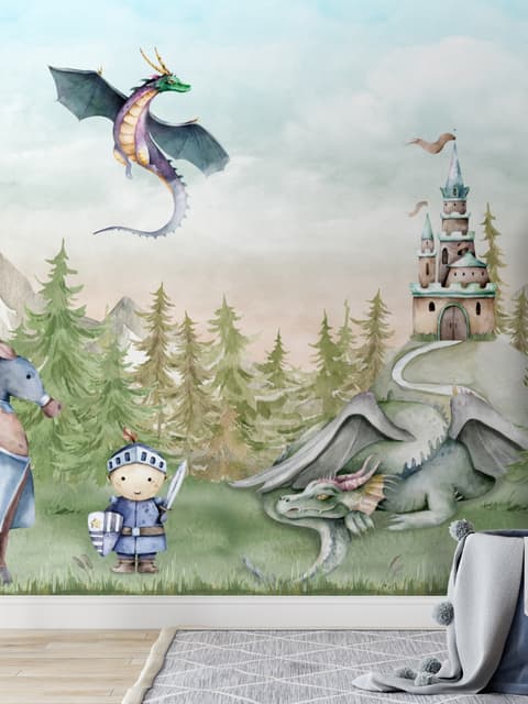Kids Dragons Fairytale Cute Prince and Princess Wallpaper Mural