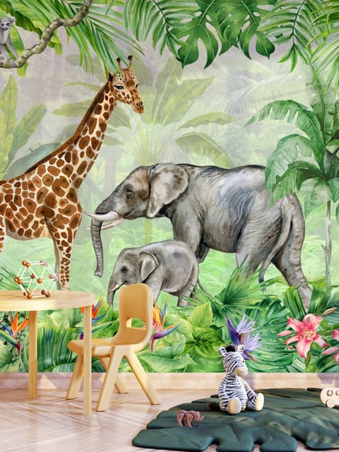 Kids Safari Watercolor Tropical  Forest Jungle Animals Wallpaper Mural