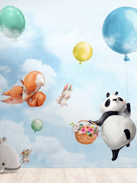 Süße fliegende Panda & Tiere Kinderzimmer-Fototapete