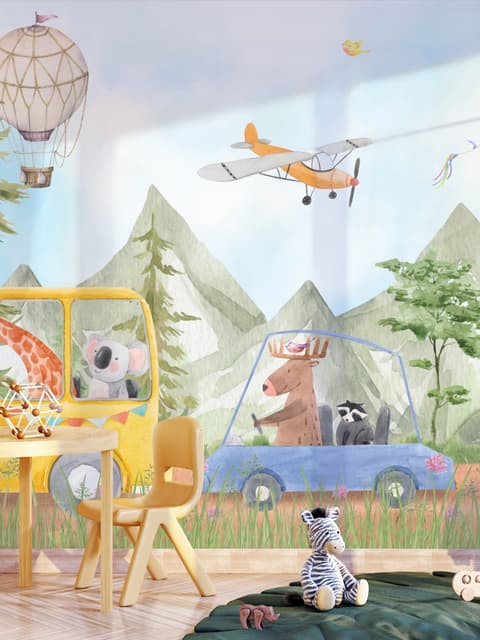 Kids Cute Watercolor Animals in the Bus Wallpaper Mural