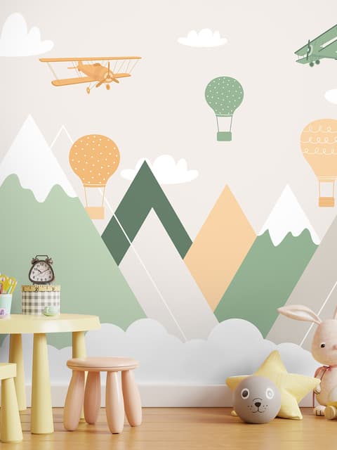 Fototapete Kinderzimmer Berglandschaft mit Heißluftballons