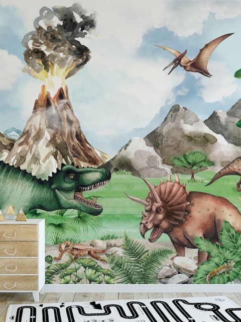 Kinder Dinosaurier mit Trex Jurassic World Fototapete