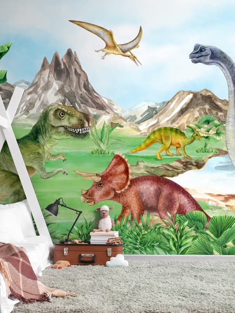 Fototapete für Kinder mit prähistorischen Dinosauriern