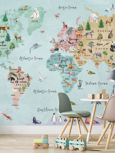 Kids Watercolor World Map Wallpaper Mural