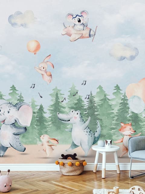Papier peint animaux mignons dansant dans la forêt pour enfants
