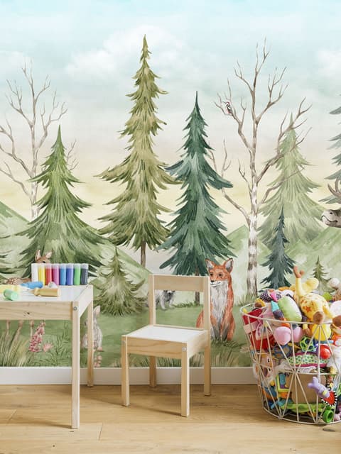 Kids Watercolor Pine Tree Forest with Animals Wallpaper Mural