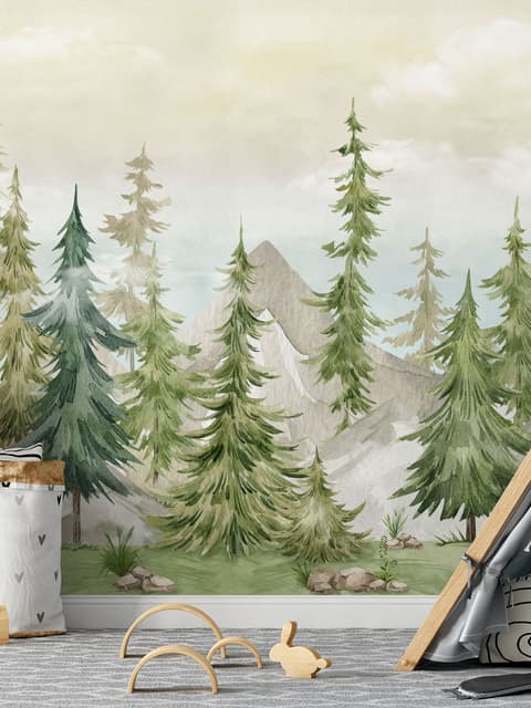Watercolor Pine Tree Kids Nursery Forest Wallpaper Mural