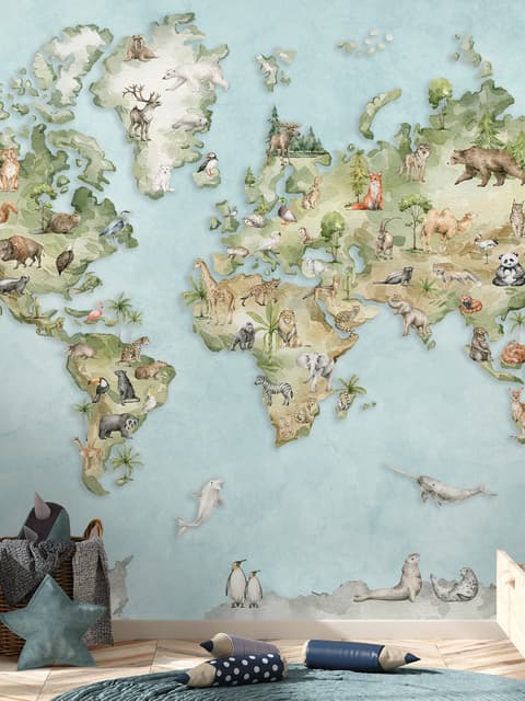 Watercolor Kids World Map with Soft Animals Wallpaper Mural