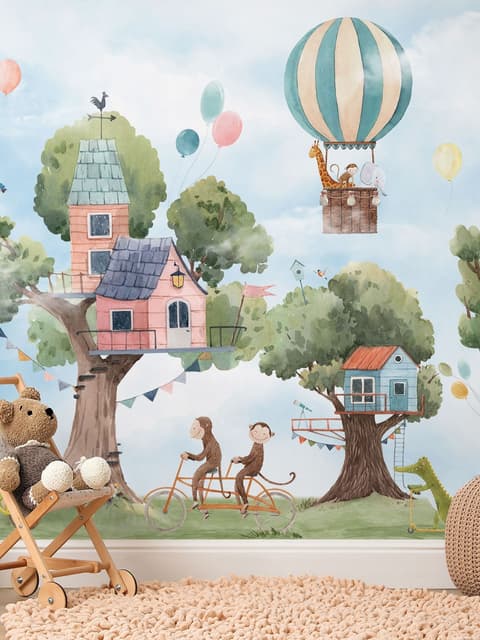 Cute Flying Animals with Treehouse for Kids Nursery Wallpaper Mural