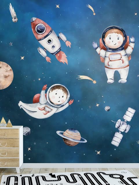 Kids Watercolor Space with Planets Wallpaper Mural