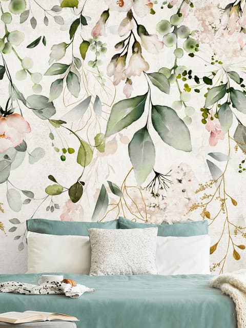 Watercolor Soft Floral with Green Leaves Wall Mural