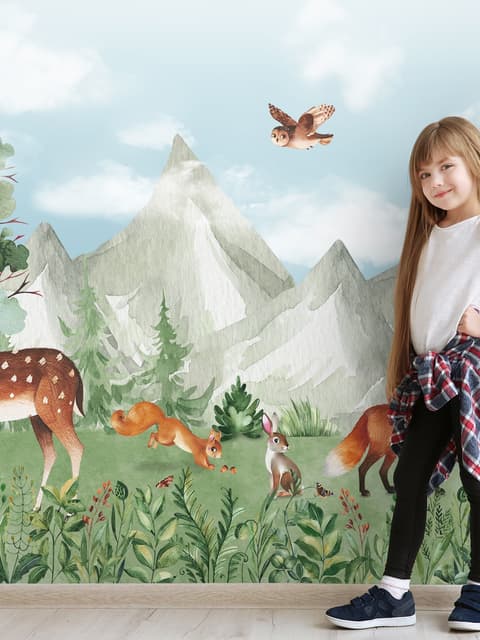 Papier peint animaux de la forêt avec enfants