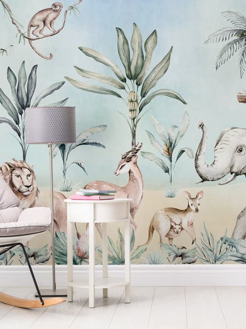 Papier peint panoramique animaux de la jungle avec bananiers et plantes tropicales pour enfants