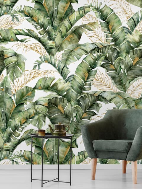 Papier peint feuille banane tropicale détails or