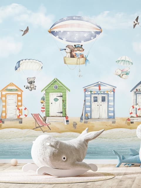 Aquarellkinder-Strandhaus mit Heißluftballons