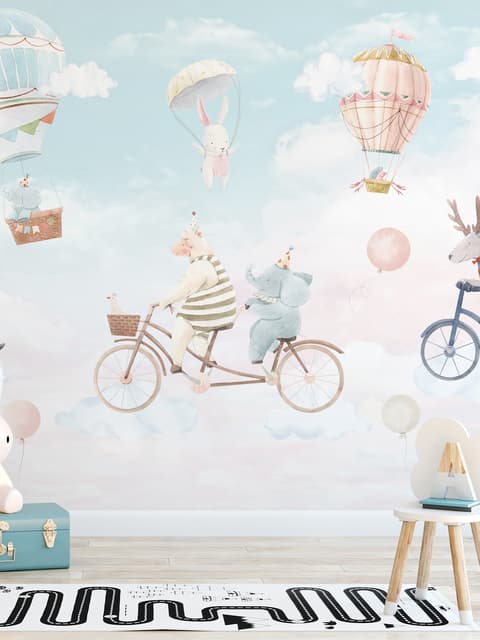 Aquarell Glückliche Tiere am Himmel für Kinder Fototapete