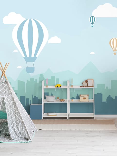 Hot Air Balloon and Blue City Landscape Wallpaper Mural