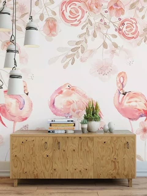 Fototapete mit Rosa Flamingo und Rosa Blumen