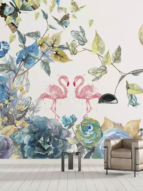 Flamingo and Soft Floral Wallpaper Mural
