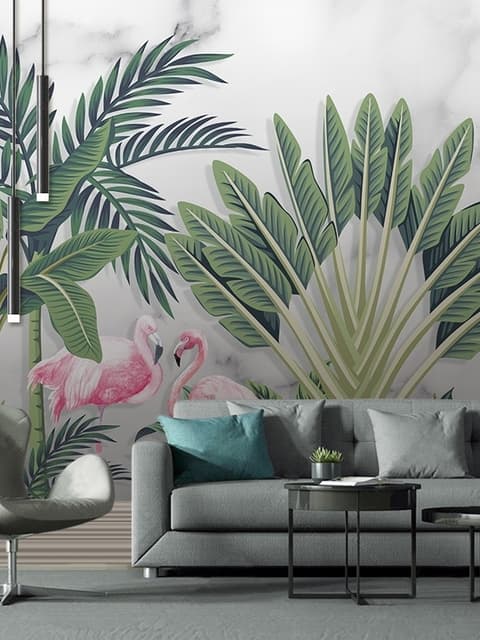 Flamingo Toucan with Vintage Forest Wallpaper Mural