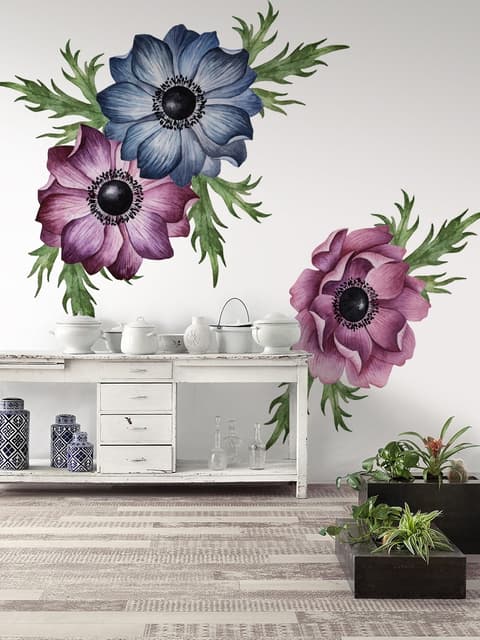 Watercolor Dark Blue Red Anemone Florals Wall Decal Sticker