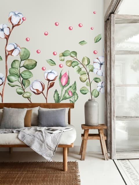 White Cotton Florals with Green Leaf and Pink Rosebud Wall Decal Sticker